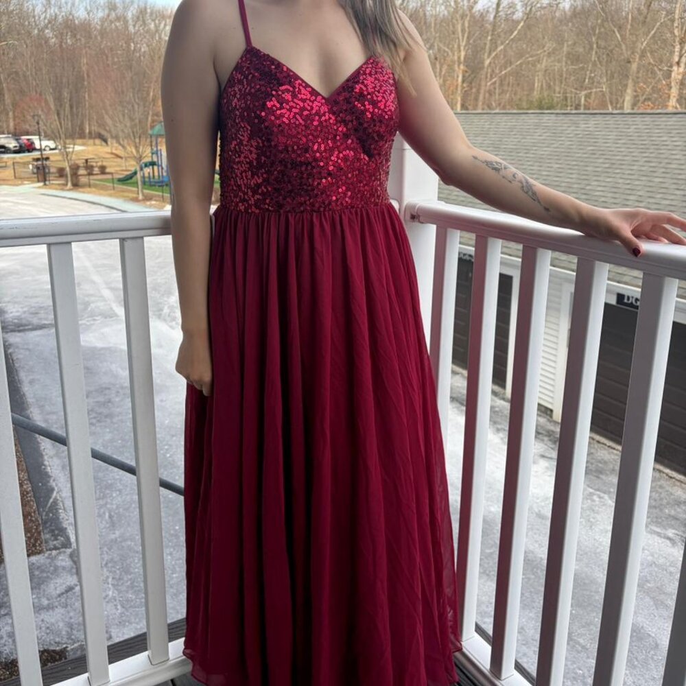 Azazie Red Sequin Bodice Formal Maxi Dress – Criss Cross Back – Size C